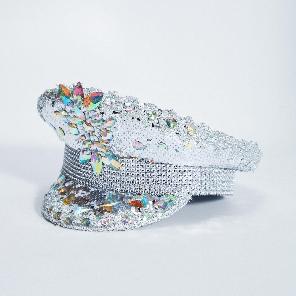 Silver Rhinestone Sequin Captain Hat | Festival Glam